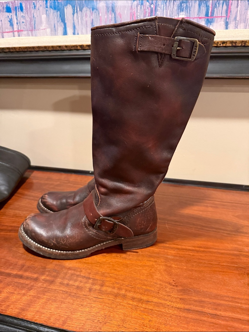 Frye Tall Buckle Veronica Slouch Leather Boot - Brown, Size 6.5-7, Buckle Damage - Picture 3 of 15